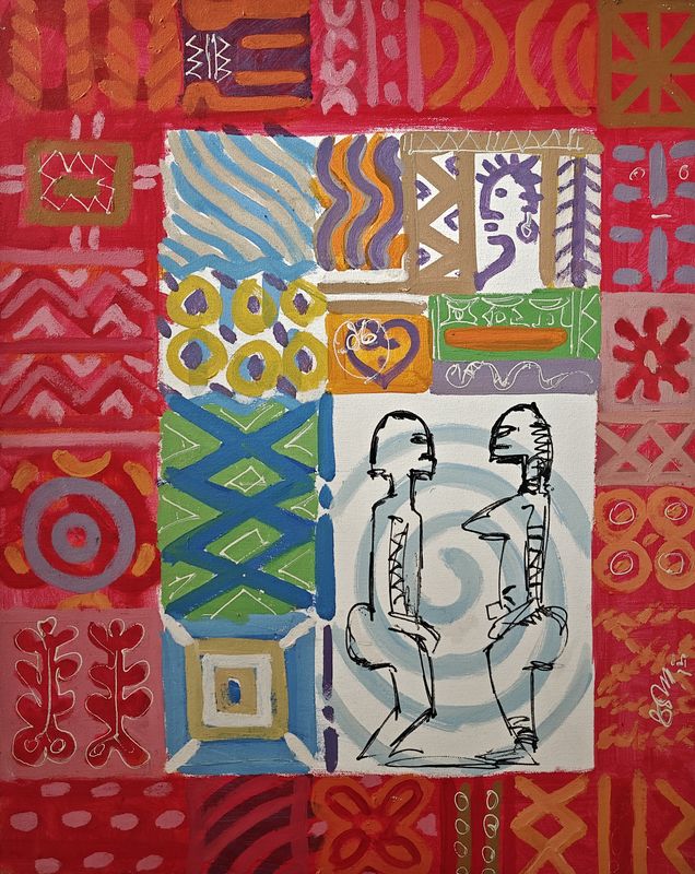 Ancestoral Conversation by Benjamin Offei Nyarko, acrylic on canvas