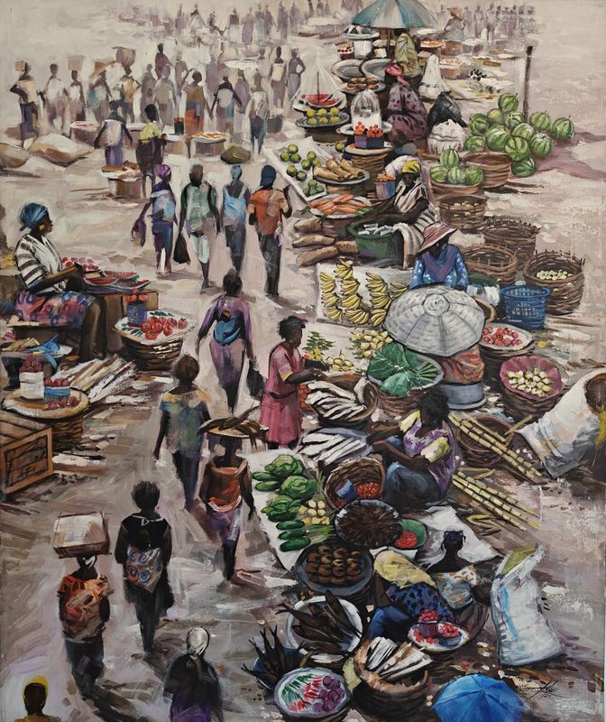 Street Hawker Ii by Godwin Adjei Sowah, acrylic on canvas
