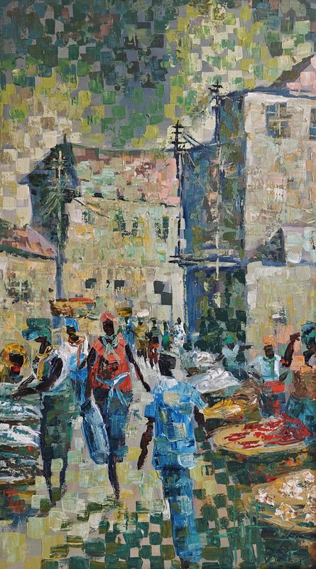 Market Zoom British Accra Bukom by Seth Clottey, acrylic on canvas